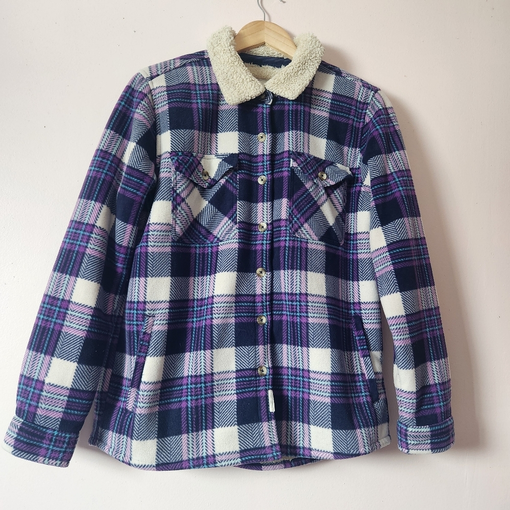 Soho Threads Plaid Sherpa Lined Shacket Blue Purple Flannel M Cozy Boho